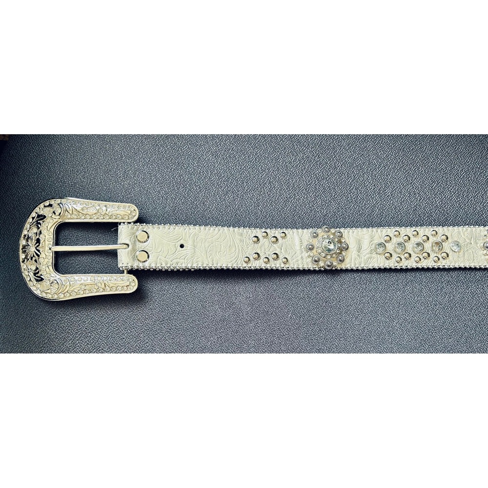 GUC Blazin Roxx Western Y2k Crystal Studded Embossed Silver Leather Belt - Picture 3 of 10